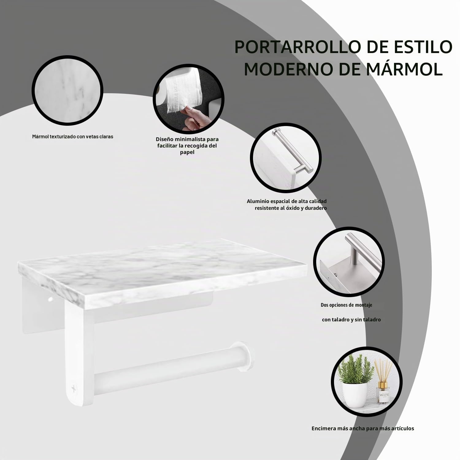 Portarrollos Papel Higiénico Sin Taladrar de Aceros Inoxidables，Soporte de Papel con Estante de Mármol Autoadhesivo Portarrollos de Pared，Modernidad Portarrollos para Baño Cocina(Blanco)