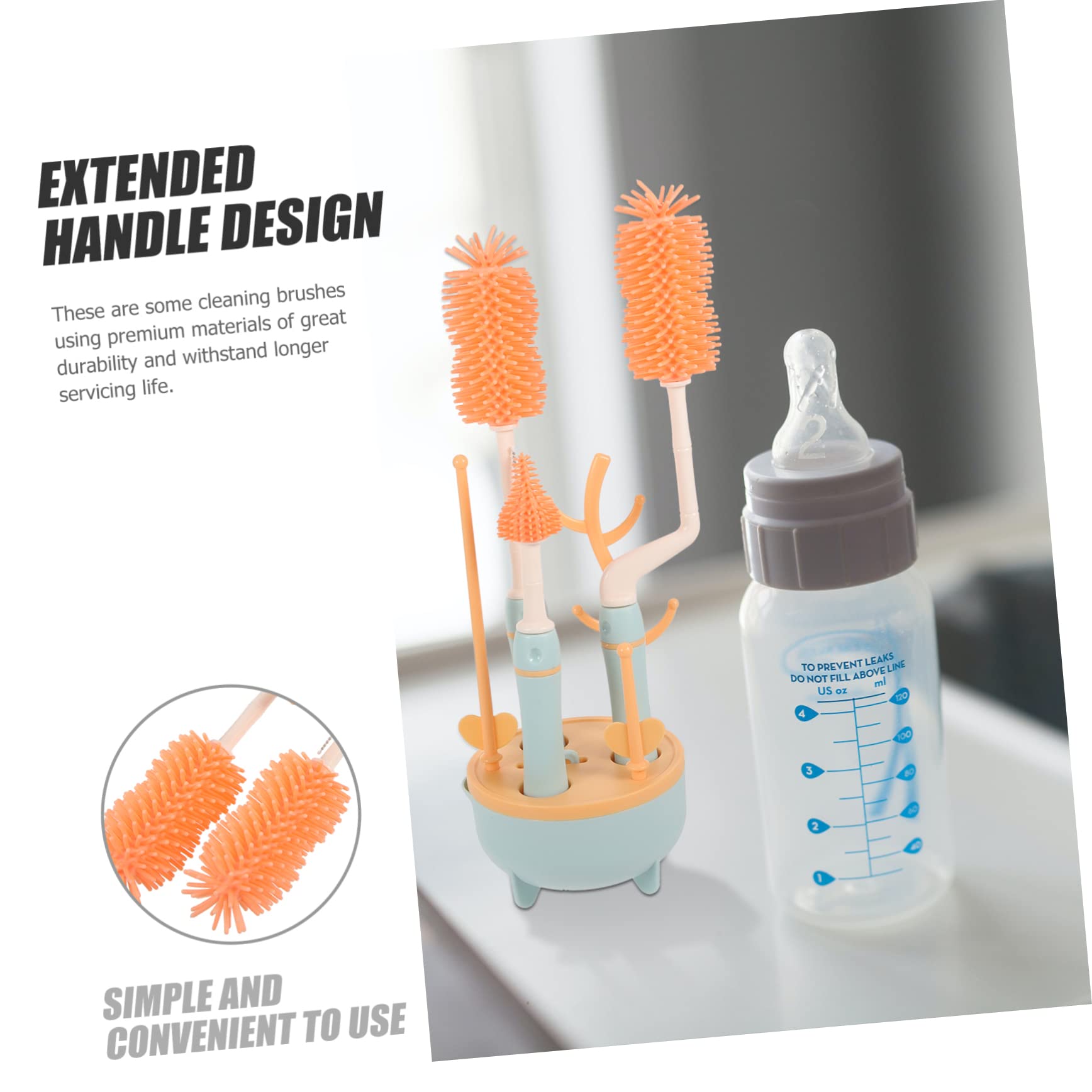Set de Cepillos para Limpieza Profunda de Biberones y Pajitas con Mango Extendido, Material Silicona y TPE, Adecuado para Viaje y Cuidado de Botellas de Ñiño