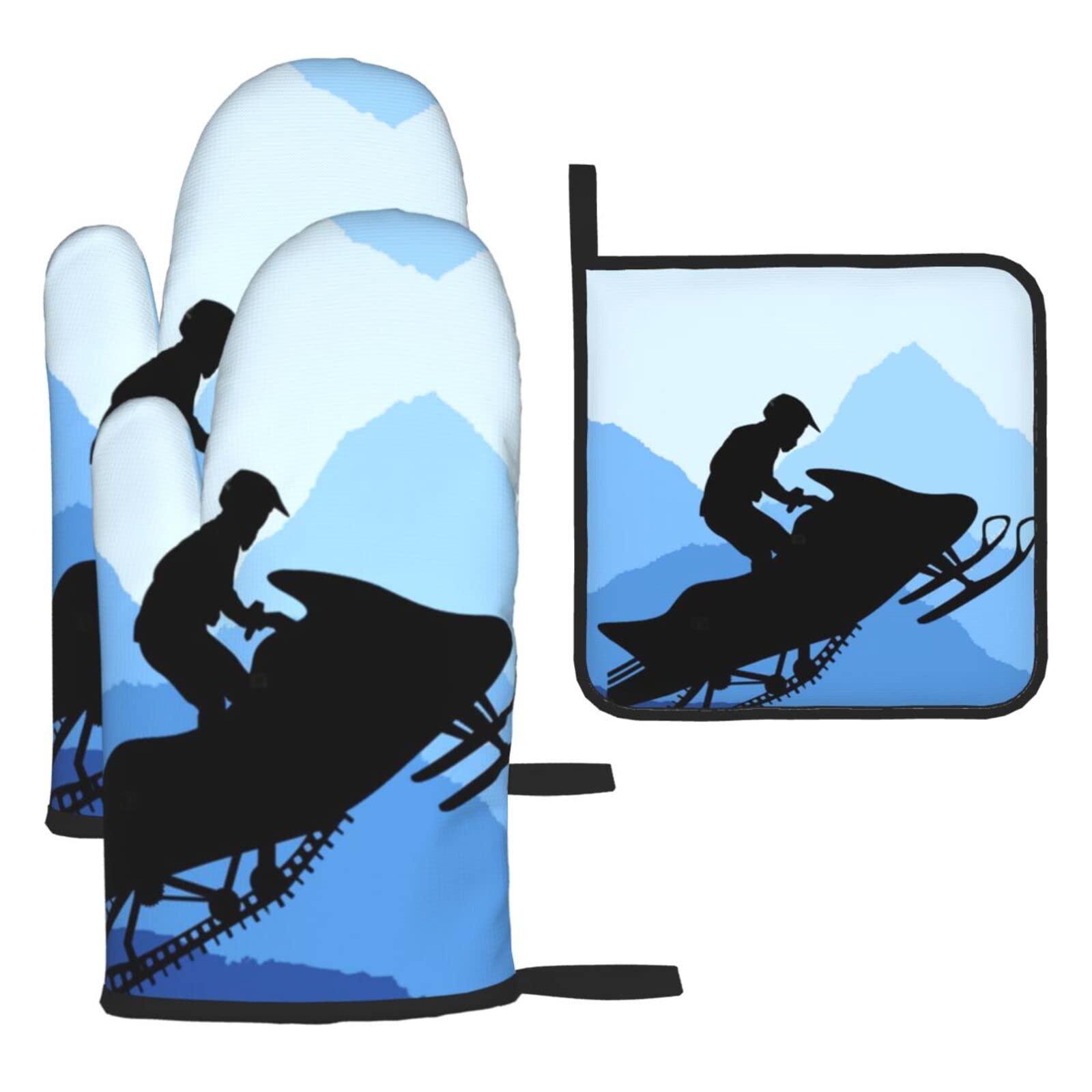 Snowmobile Oven Mitts and Pot Holder Kitchen Set for Grilling, Cooking, Baking, Heat Resistant