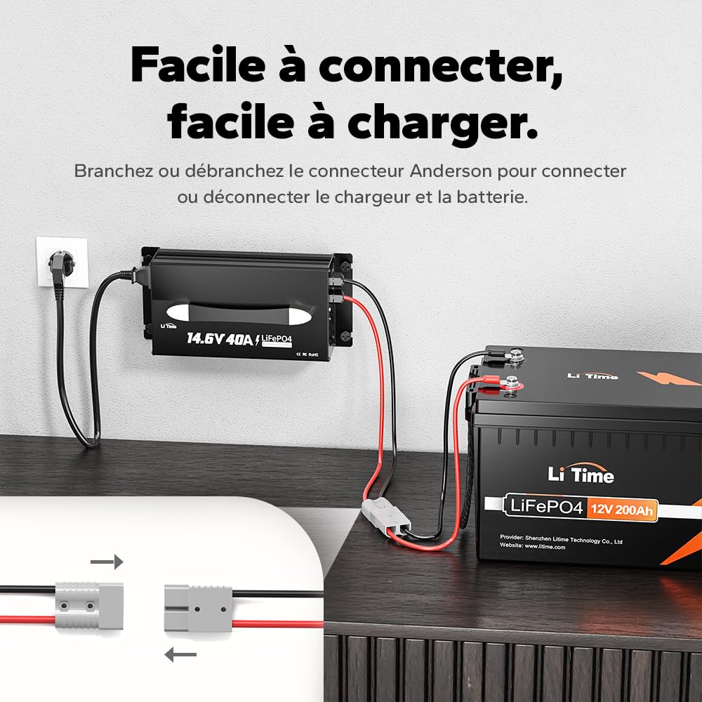 LiTime Chargeur de Batterie 40A LiFePO4 Lithium 14.6V - Chargeur Intelligent pour Batteries LiFePO4 12V/12.8V – avec Affichage LED, Interrupteur Marche/Arrêt, Connecteur Anderson (AC-DC)