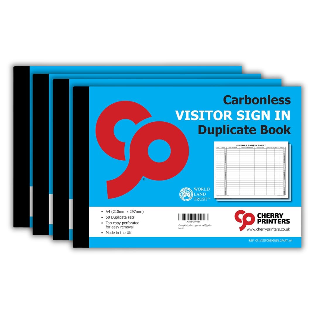 Cherry Printers Carbonless Visitor Sign in Duplicate Book A4 | 50 Duplicate Sets | Top Copy Perforated for Easy Removal | Professional Record Pad for Visitor Management and Sign-Ins | 4 Pack