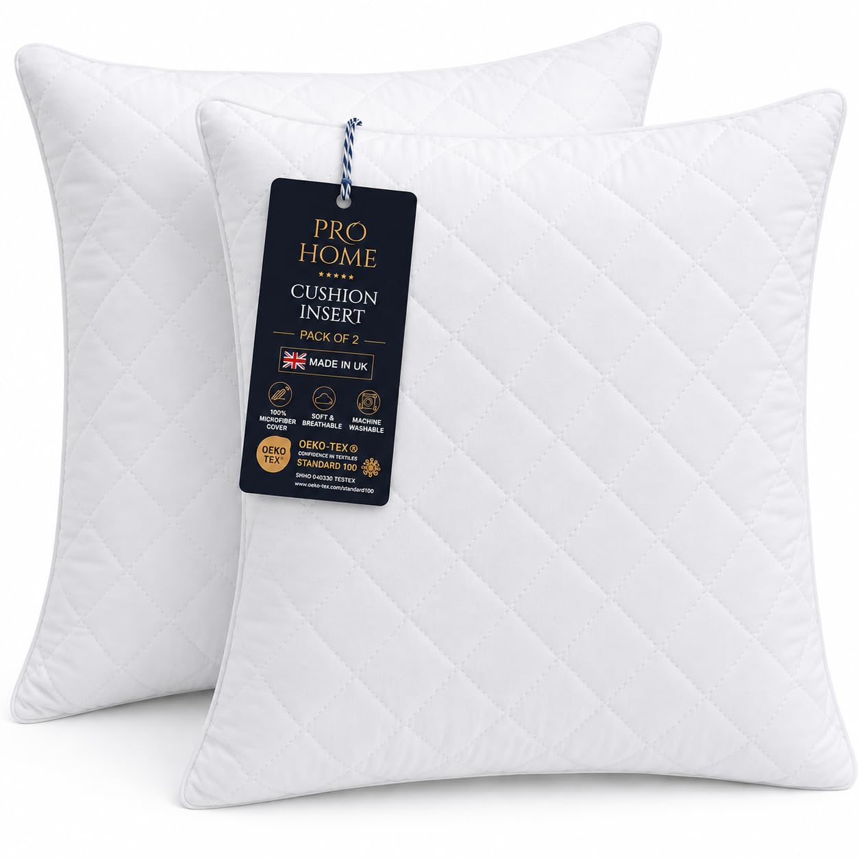 ProHome Quilted Cushion Inserts 45cm x 45cm (18 x 18 Inch),100% Virgin Hollow Fibre Filling, Hypoallergenic Cushion Pads For Home, Sofa, Couch & Bedroom,Made in UK (45x45cm(18x18), Pack of 2)