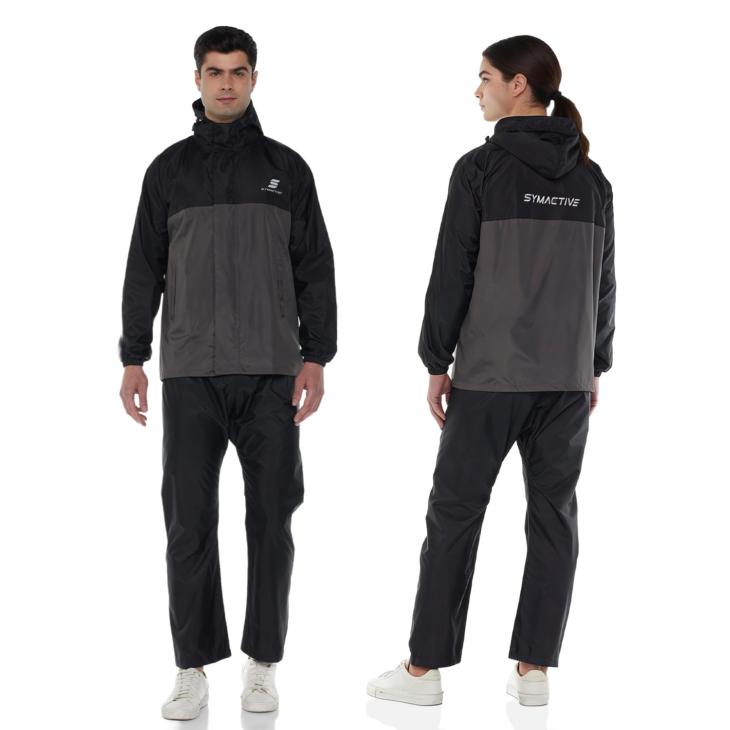 Amazon Brand - Symactive Raincoat for Men and Women | Waterproof Jacket and Pant Set | Polyester with PVC Coating | Seam Sealed | Hooded with Reflective Trim | Black & Grey, M