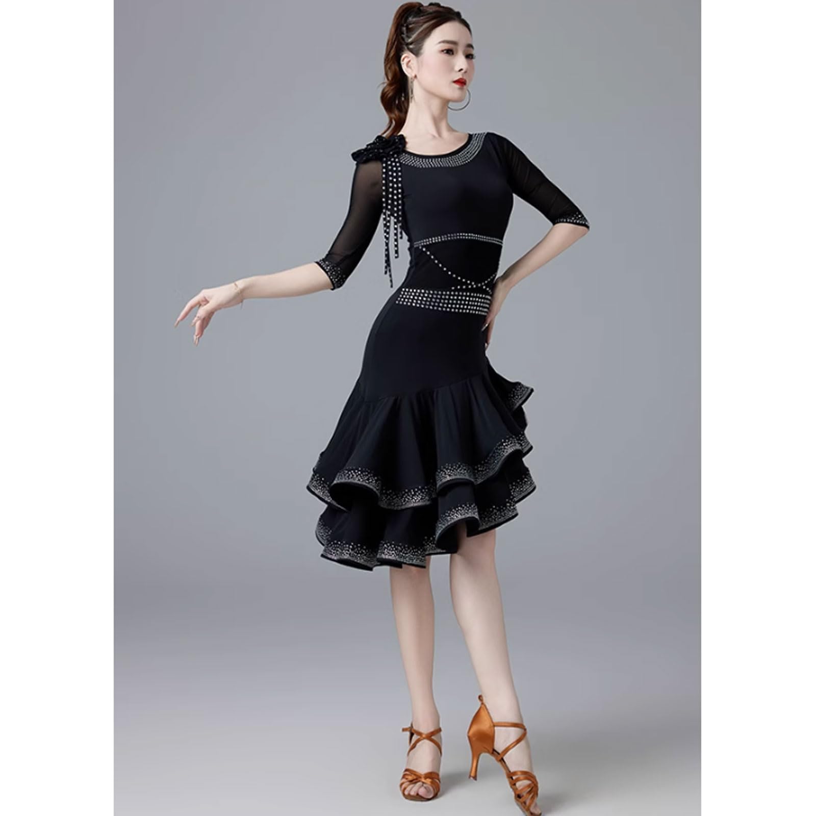 Black,L,FZHQNZJF Sukienka do Tańca Latynoskiego dla Kobiet Sala Balowa Strój do Tańca Cha Cha Tango na Zawody Strój do Tańca Samba Rumba Błyszcząca Spódnica do ćwiczeń Salsa Dziewczyna