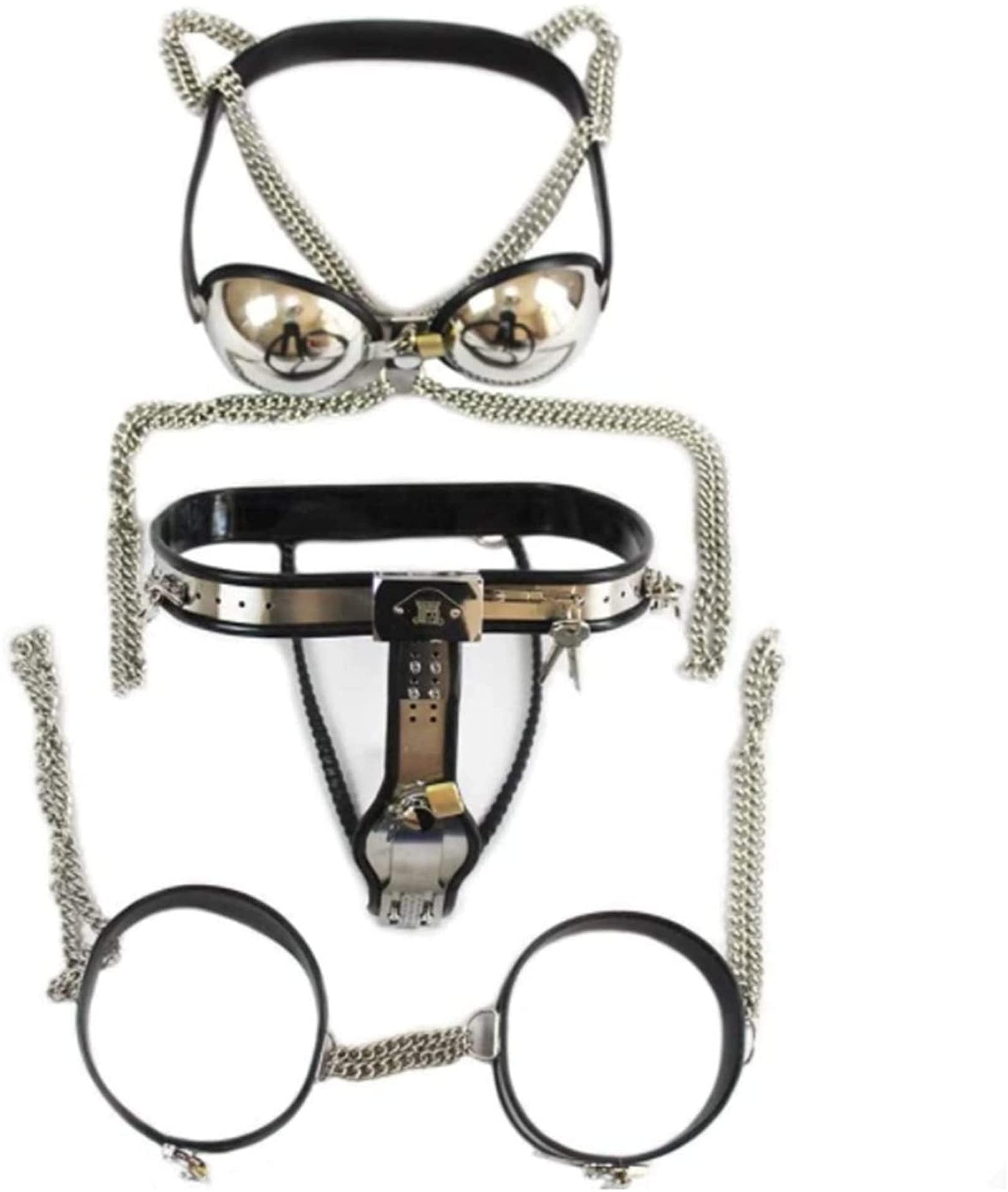 3-teiliges Set Damen Edelstahl Silikon Keuschheitsgürtel Höschen BDSM Bondage BH Unterwäsche Oberschenkel Manschettenringe SM Extrem Sklave Fetisch Sexspielzeug Für Frauen