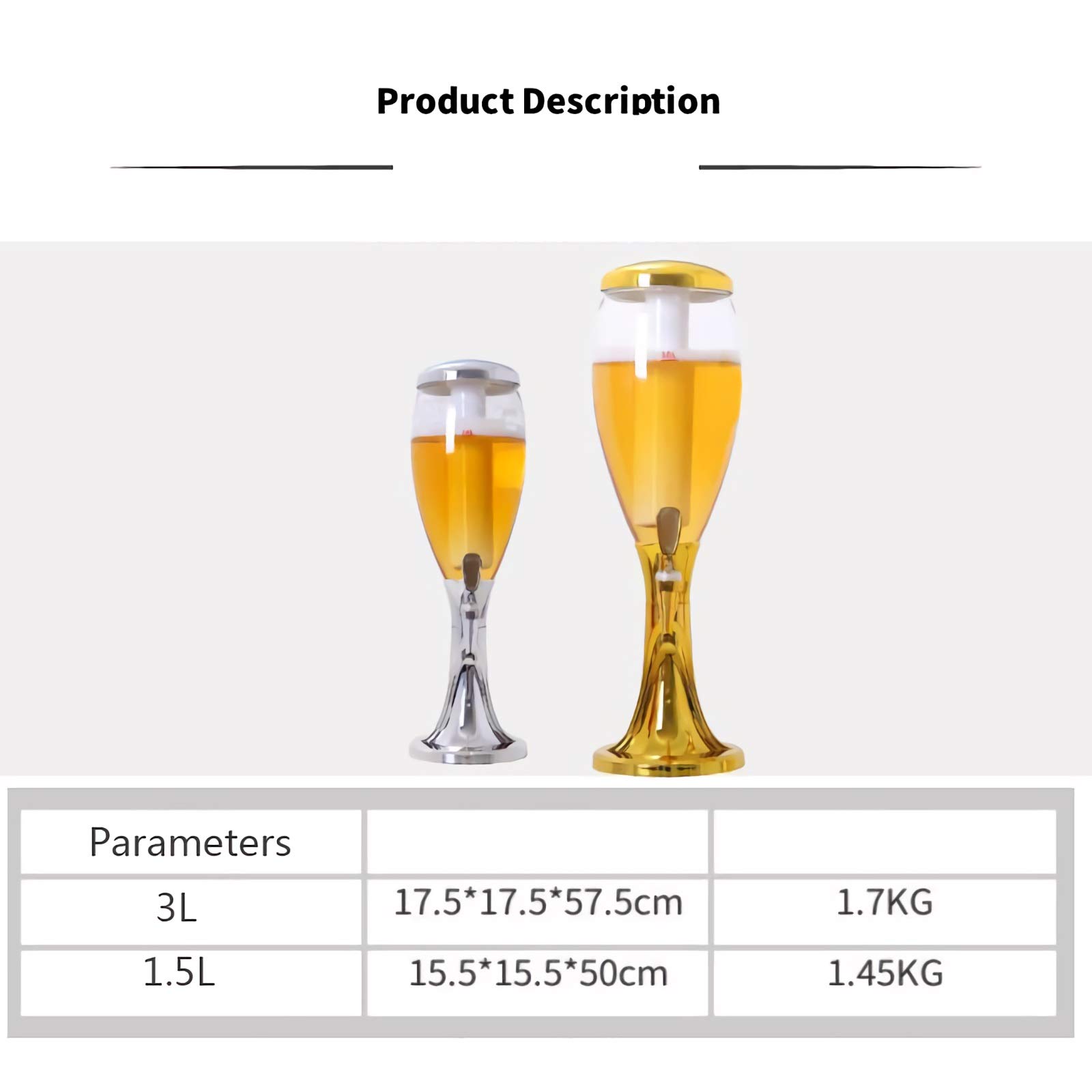 Dispensador de Torre de Cerveza Torre de Bebidas con Grifo, Tubo de Hielo y Luces LED, dispensador de Cerveza 1.5L / 3L, Luces Brillantes Dispensador de Bebidas, Oro y Plata Torre Cerveza/Dispensador