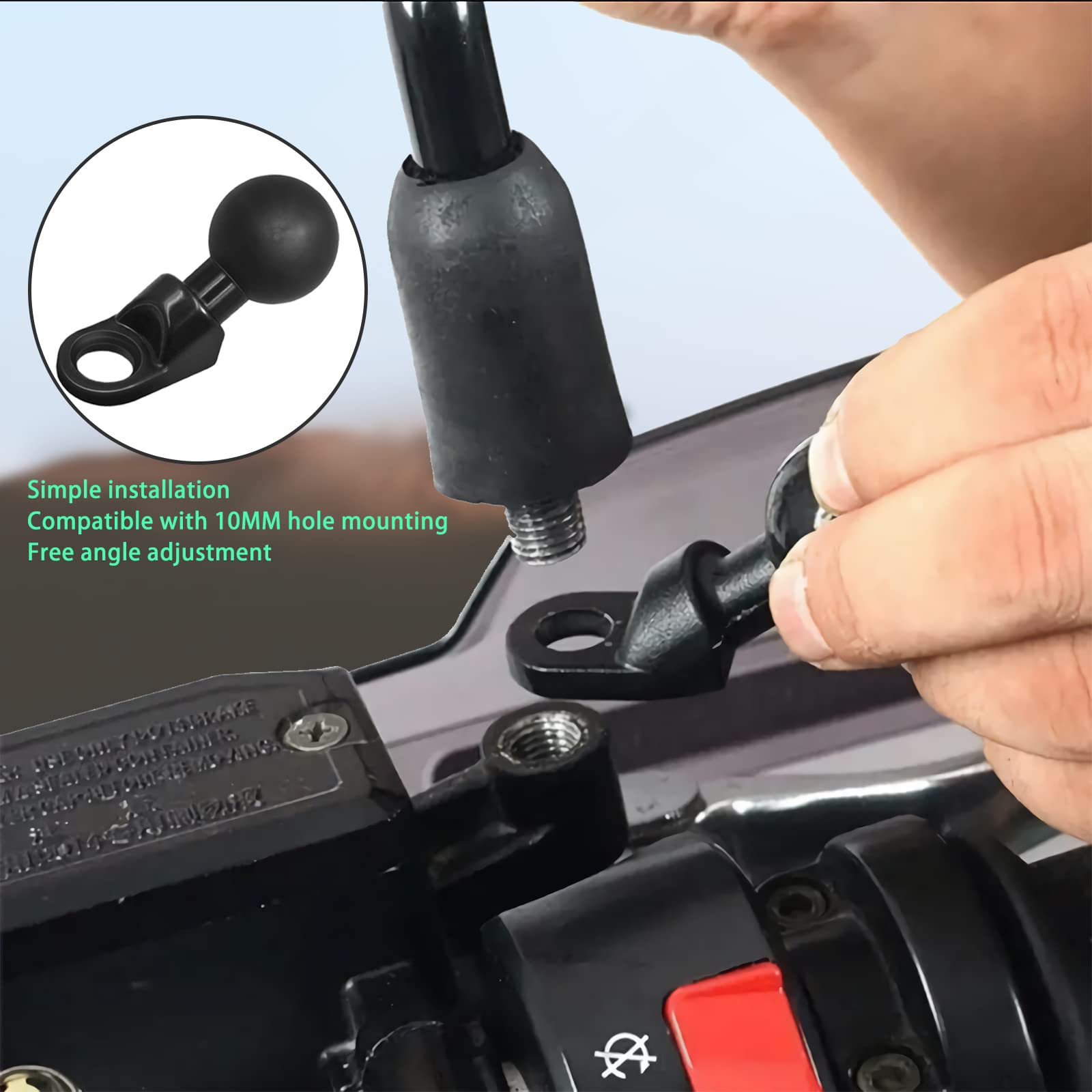 1'' Ball Handlebar U Torque Medium Rail Mount Base for Rails 0.5'' to 1.25'' in Diameter with 10mm Mounting Hole Angled Bolt Head Adapter Ball Base Compatible with RAM Mounts B Size Double Socket Arm