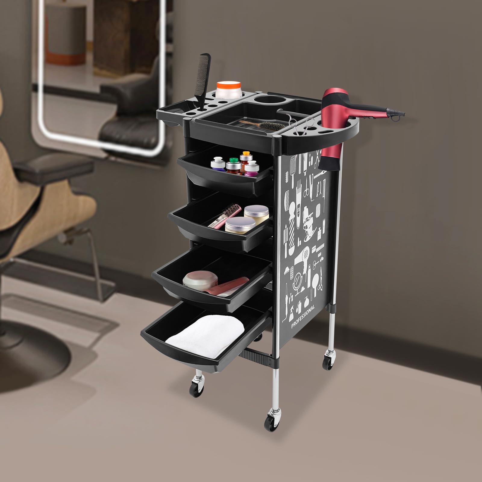 Chariot de coiffure, de salon, de maquillage, avec 4 tiroirs coulissants, pour salons de beauté, barbiers, hôpitaux