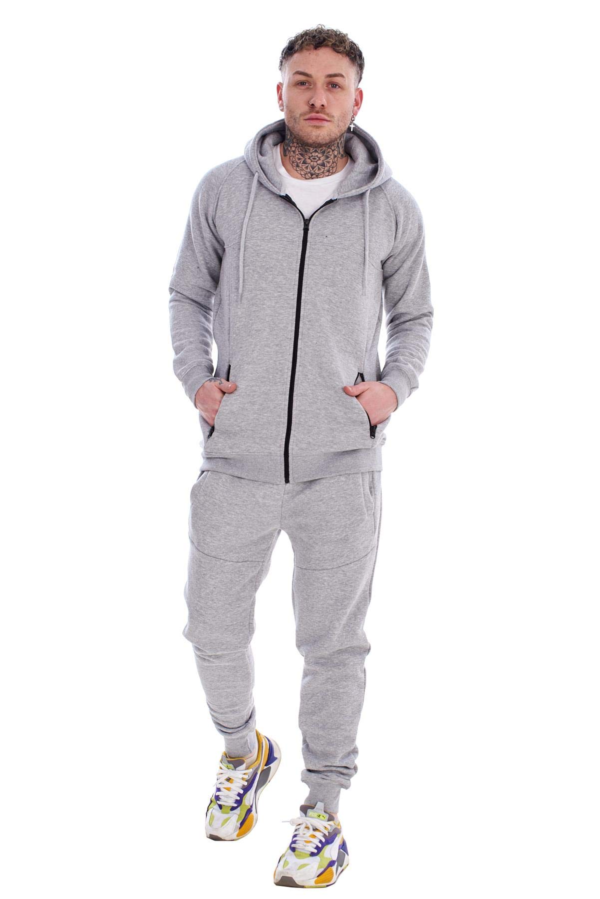 Malay Men's Grey Activewear Hooded Tracksuit Zipper Fleece Cotton Blend Joggers Sweatshirt
