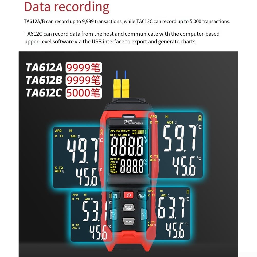 Digitales Thermoelement-Thermometer mit 4 Kanälen für K J T-Typ-Sonden mit Datenspeicherung und USB-PC-Konnektivität für industrielle Labor-Hvac-Tests, Schwarz / Rot