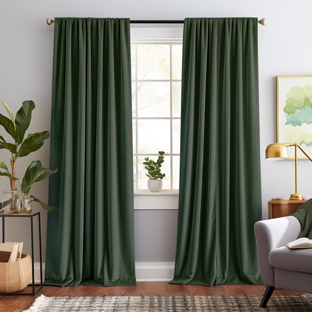 jinchan Velvet Curtain for Living Room, Thermal Insulated Luxury Drape for Bedroom 84 Inch Long, Stylish Design Super Soft Privacy Room Darkening Window Treatment Rod Pocket 1 Panel, Moss Green