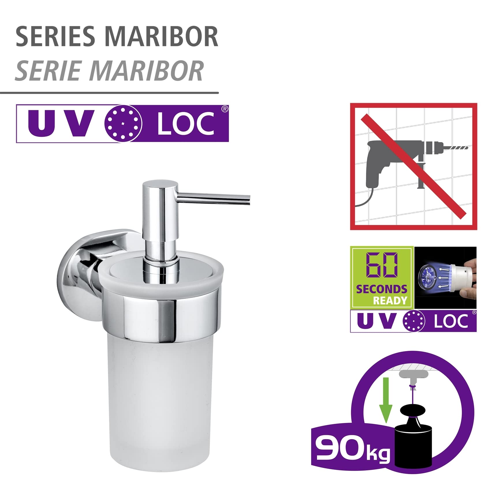 WENKO UV-Loc® Seifenspender Maribor, nachfüllbarer Spender aus satiniertem Glas für 150 ml Flüssigseife mit Wandhalter aus Zinkdruckguss zum Befestigen ohne Bohren mit Klebesystem, 8,5 x 17 x 9 cm