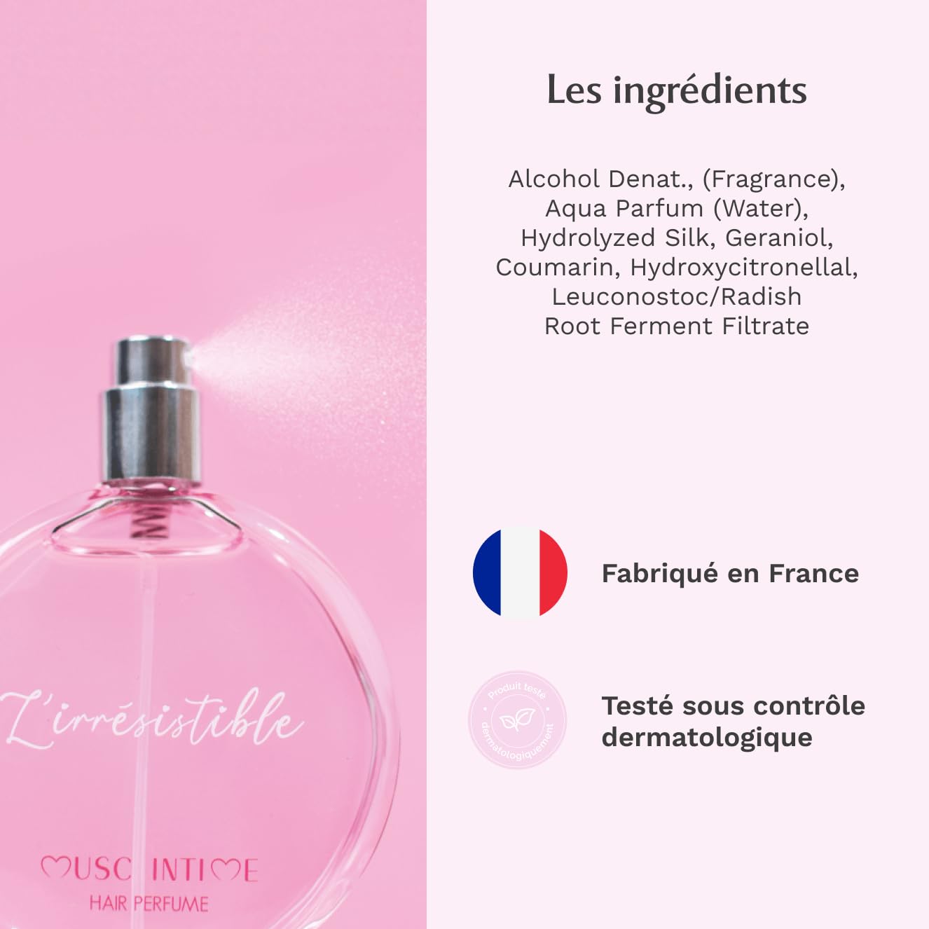 MUSC INTIME - Parfum Cheveux - Musc Blanc - L'Irrésistible - Soin Femme - Sublime ta chevelure - Parfume et hydrate toute la journée - Flacon Pompe - 50ml