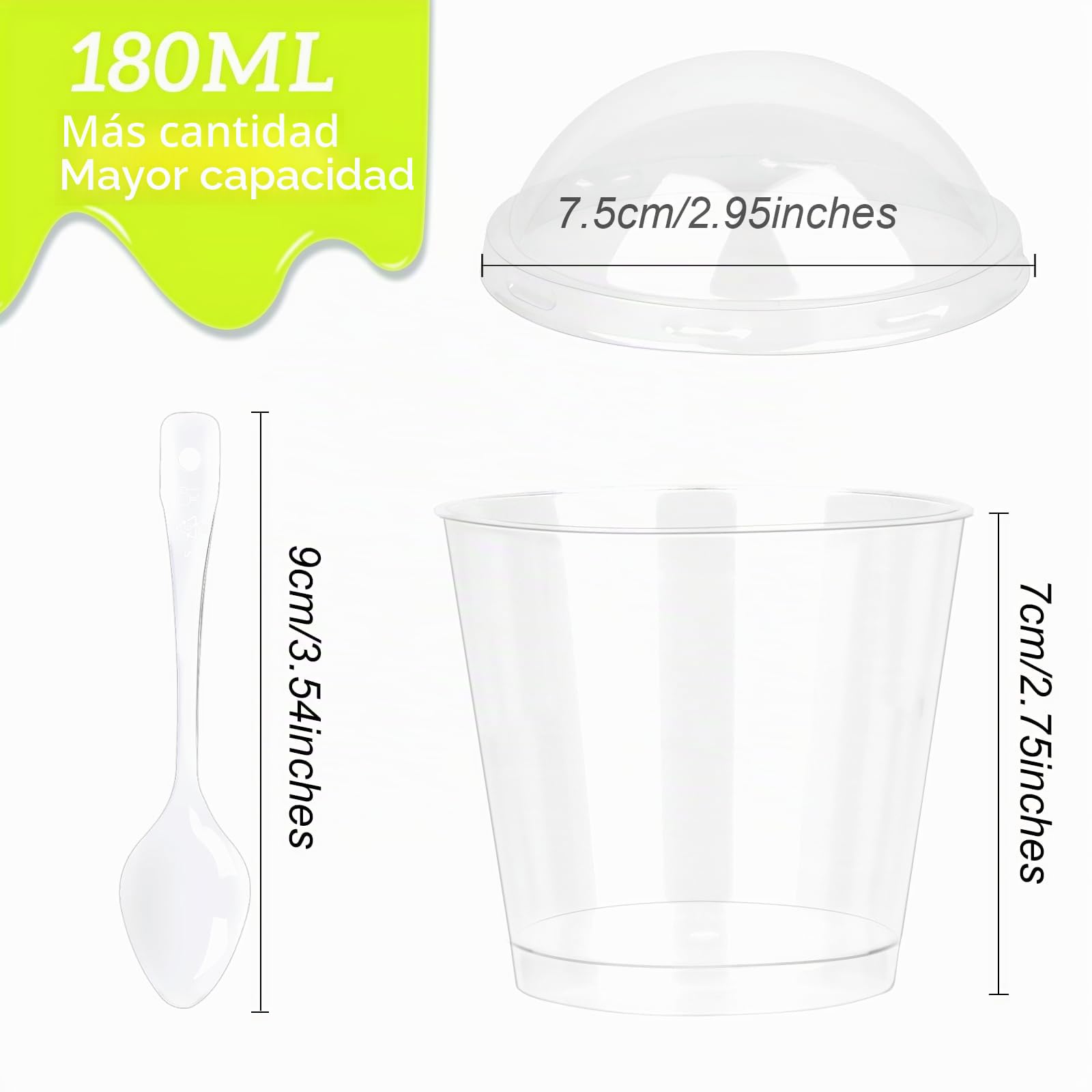 Vasos de Plástico para Postres 180ml, 50 Vasitos con Tapa y Cucharas, Recipientes Reutilizables para Fiestas