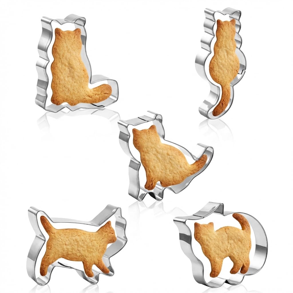 Cat Cookie Cutters Set of 5, Multiple Cats Shape Stainless Steel Metal Cookie Cutter Cookie Cutters Molds for Cat Theme Party Pastry Homemade Treats Baking