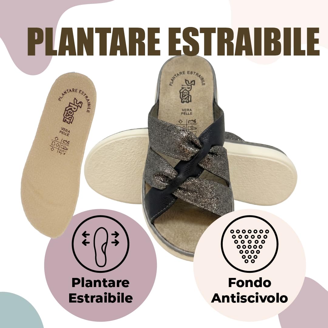 3Rose 400 Ciabatte Donna con Doppia Fascia Effetto Nodo Laminato - Pantofole Casa e Outdoor Estive - Eleganti da Giorno Comfort Anatomico con Zeppa 4,5 cm e Plantare Estraibile in Vera Pelle