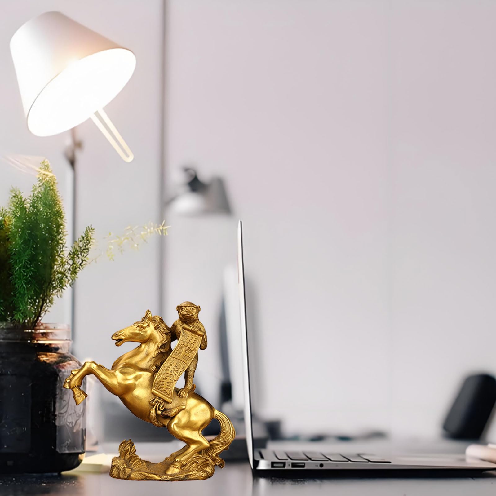 Chiński feng shui ręcznie robiony mosiądz małpa jeździectwo posąg konia chiński zodiak feng shui dekoracja dla sukcesu zawodowego, dekoracja biurka, dom i biznes błogosławieństwo prezent, 20,5