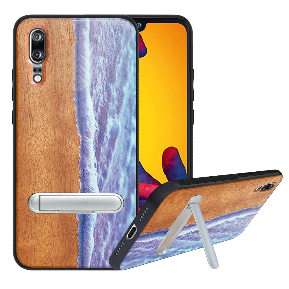 HHDY Compatible with Huawei P20 Case with Metal Kickstand, Hard Natural Wood Back with Flexible TPU Bumper, Anti-Scratch Shock Absorption, Wooden Cover for Huawei P20, Wave
