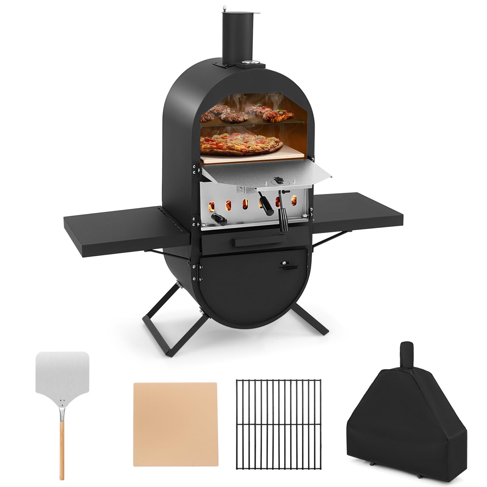 KOMFOTTEU Forno per pizza da esterno a 2 strati, forno a legna portatile con borsa per il trasporto, pietra per pizza, pala per pizza, grill, termometro, forno per pizza per barbecue, campeggio