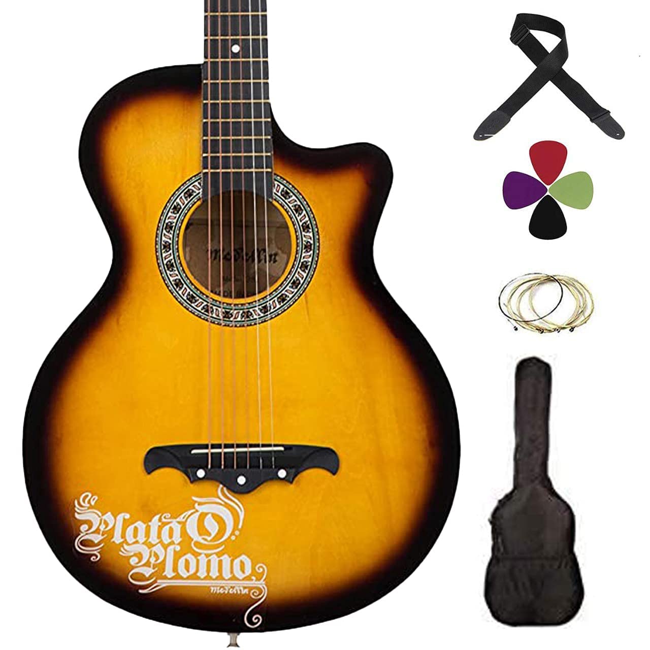 Medellin 38" Acoustic Guitar premium wood with adjustable Truss-rod, free online learning course, Set Of Strings, Strap, Bag and 3 Picks (Sunburst Truss Rod)…… (sun brust)