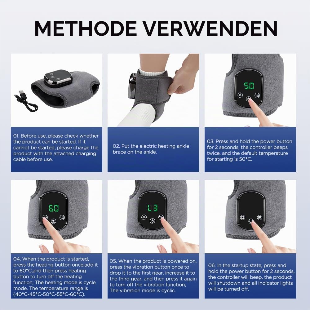 Elektrisch Fußmassagegerät Tragbares kabelloses Knöchelmassagegerät mit 1800mAh Akku, 5 Wärmestufen 3 Vibrationsmodi, Aufladbare Massagegerät für Knöchel, Ferse, Sohle, Fußrücken