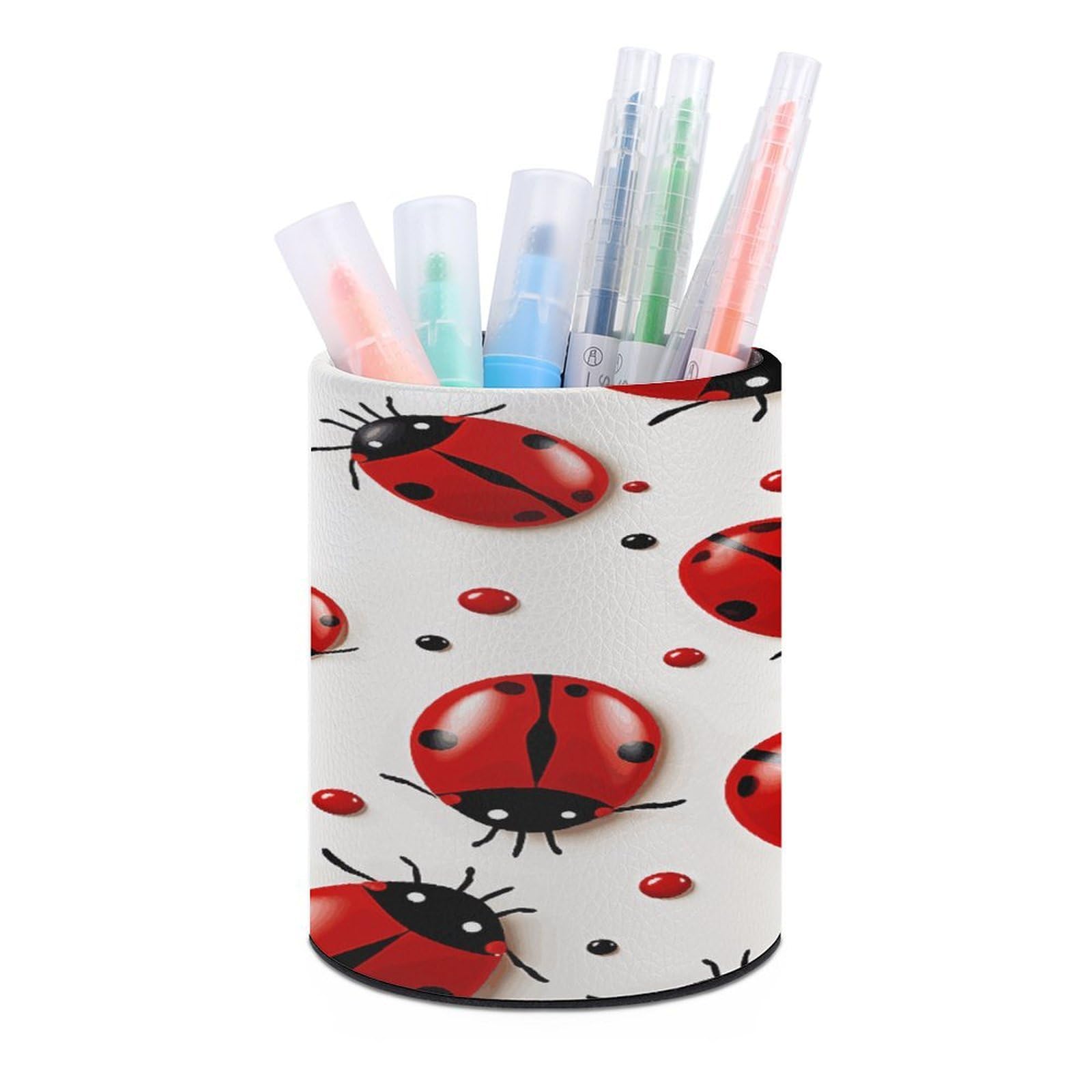 LDGSUPH Red Ladybug Round Pen Holder Leather Pen Cup Pencil Cup Pen Organizer Pencil Holder for Desk Organizer Pencil Organizers Makeup Brush Holders for Home Office Gift