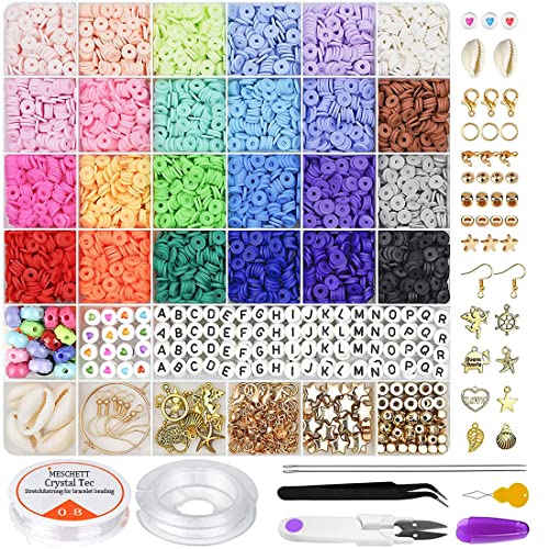 6000 Pièces Perles d'argile pour la Fabrication de Bracelets,24 Couleurs 6mm Perles en Argile polymère Rondes Plates avec kit de Lettre et Cordes élastiques pour kit de Fabrication de Bijoux Cover