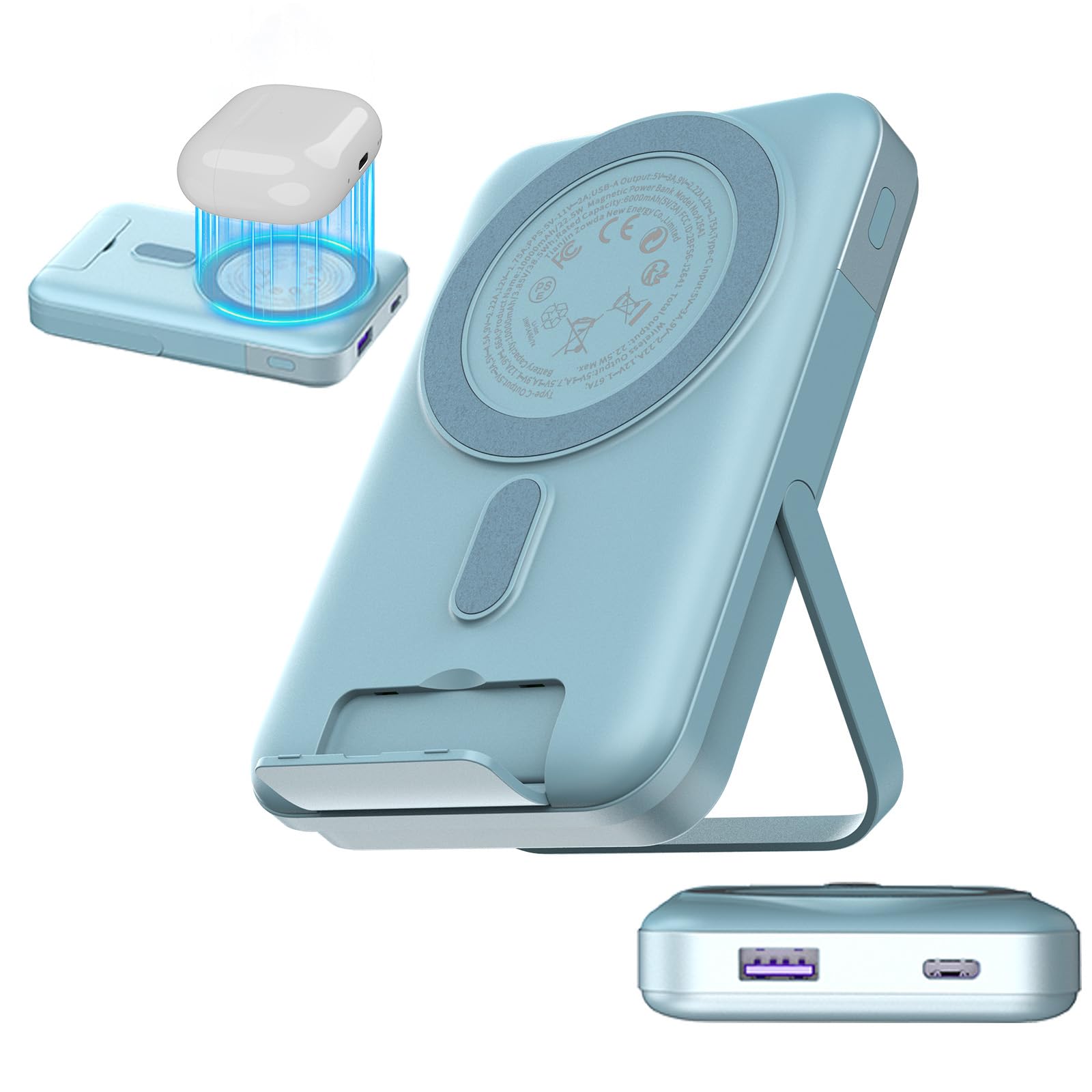 Nobis A2641 Magnetic Power Bank, 10000mAh Wireless Portable Charger, 22.5W Magnetic Battery Pack with Stands, Portable Charger with LED Display for iPhone Series (Blue)