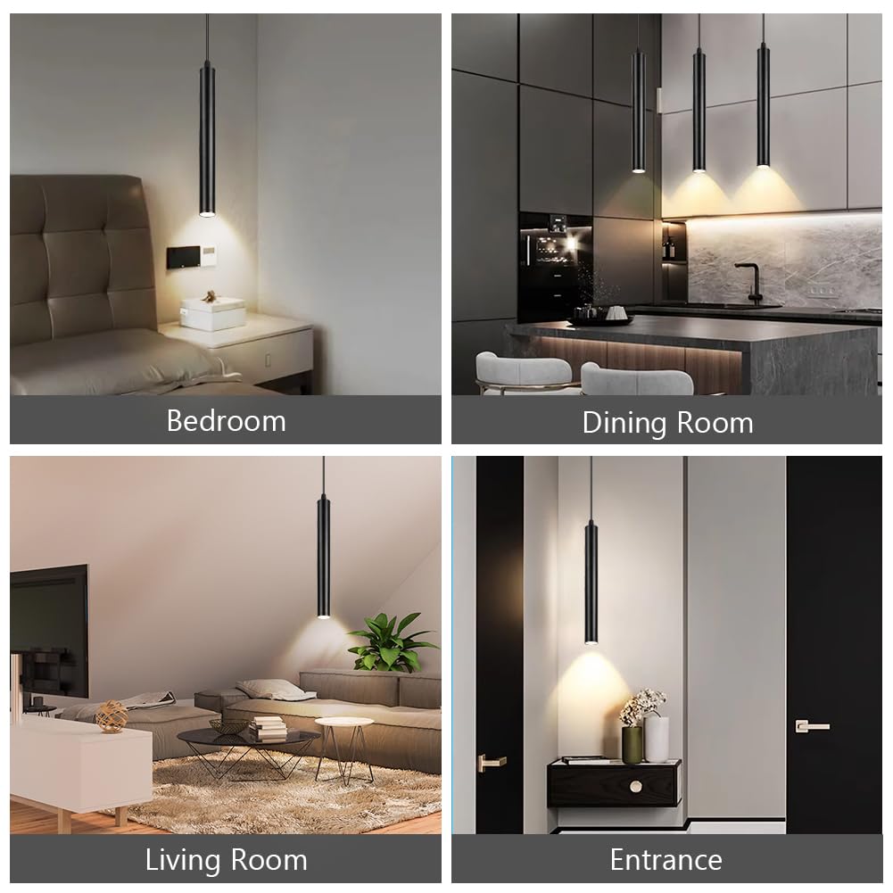 HOTUT Lustre Cylindrique Noir, 3 Pieces Lustre LED, Blanc Chaud, 3000K, pour Salon, Table de Salle à Manger, Comptoir de Hôtel, 30 cm, Longueur Réglable, Lustre Moderne