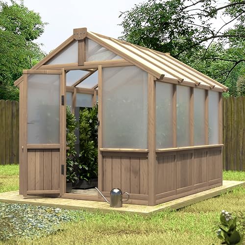 Image of Mupater 6 x 8 FT Wooden Polycarbonate Greenhouse with Ventilated Window and Lockable Door, 6mm PC Panels for UV Protection, Walk-in Greenhouse Kit for Outdoor, Garden and Backyard, Brown