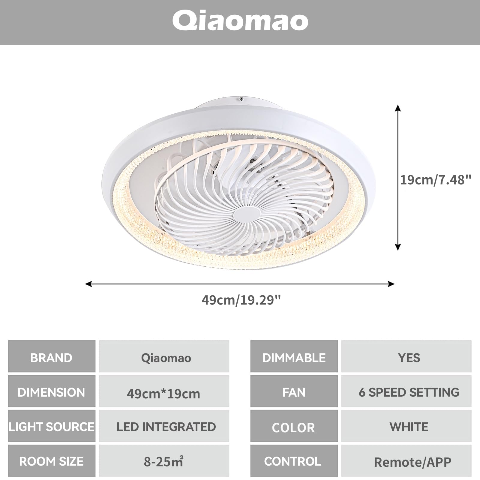 Plafonnier Ventilateur Silencieux 360° Rotation Blanc 49cm avec Télécommande/APP, Reversible Dimmable Timer 6 Vitesses 72w