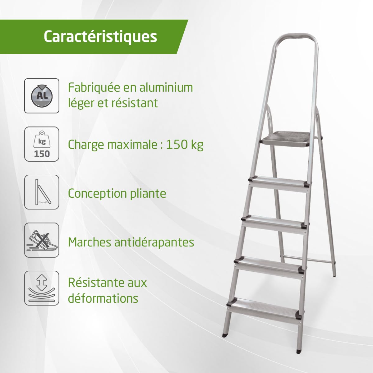 Amig - Amig - Échelle Pliable 5 marches de 8 cm de Largeur - Escabeau Antidérapant avec Poignée - Légère, Stable et Résistante - Parfaite pour Les Tâches Domestiques et l'Usage Professionnel