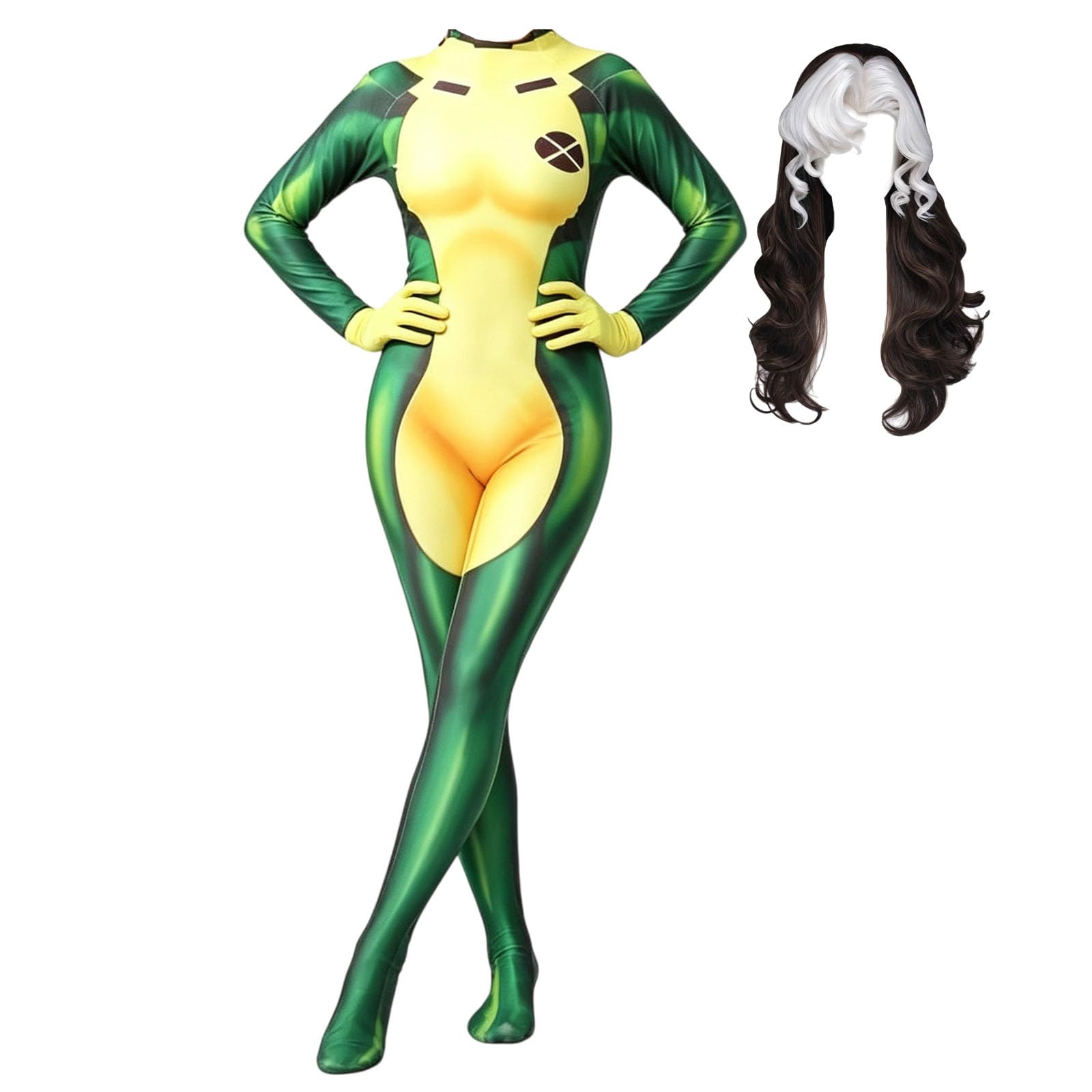 Female Superhero Cosplay, 3D Yellow Green Jumpsuit, Halloween Party Rogue Costume Yellow-green+wig Medium