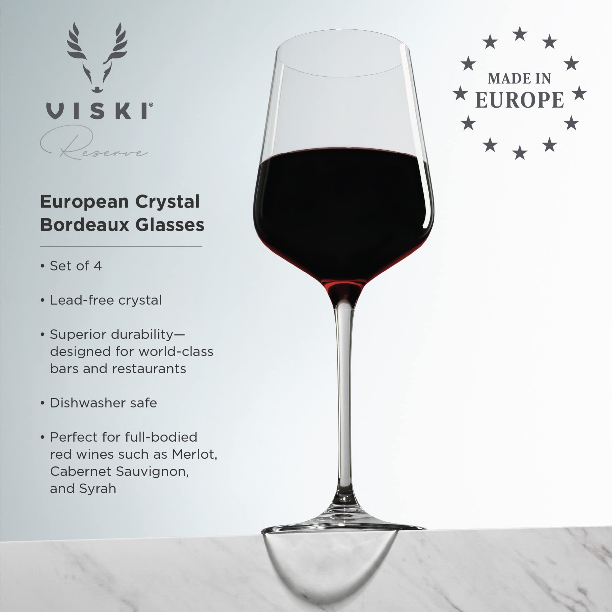 Viski Reserve - Copas de vino tinto de cristal europeo, 4 copas de vino tinto de cristal sin plomo, cristalería hecha en Europa, juego de 4 copas de vino con tallo, 21 onzas