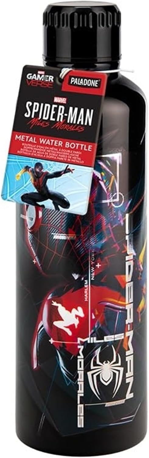 Paladone Miles Morales Spider-Man Metal Water Bottle, Officially Licensed Marvel Superhero 500ml Stainless Steel Insulated Reusable Flask for School, Sports, Work
