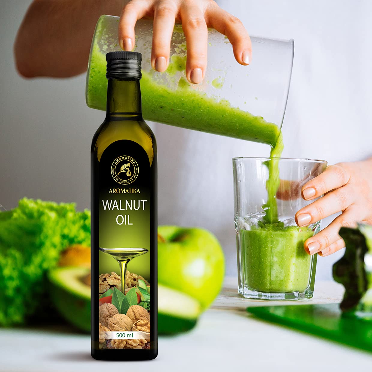 Olio di Noci Alimentare 500ml - Vegano Puro Vergine Crudo Spremuto a Freddo - Noci per Cucinare - Insalata e Condimenti - Usare a Crudo