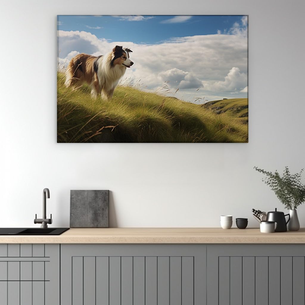 Canvas for Living room. Gazing into Serenity: A Border Collie's Hillside Retreat, 27 x 18 inch Canvas Wall Art - Contemporary Masterpieces - Modern Home Decor