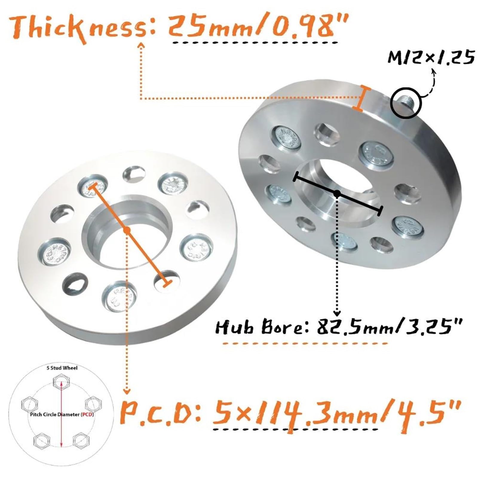 2 Espaciadores Rueda 5 Espárragos PCD 5X114.3, Diámetro Cubo 82.5MM M12X1.25 Para Jeep Para Wrangler YJ Y TJ