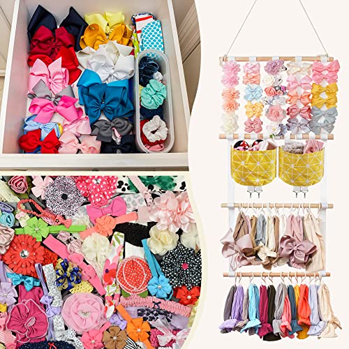 Image of kangaroo Hairband Organizer for Baby Girls, Large Capacity Bow Holder Hair Accessories Wall Hanging Organizer with 20 S-hooks and 2 Pockets, Yellow
