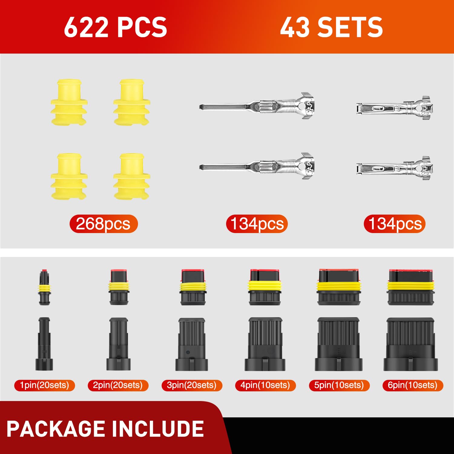 Nilight - Conector eléctrico de 622 unidades, 1, 2, 3, 4, 5, 6 pines, conector macho hembra de conexión rápida, impermeable, para coche, camión, motocicleta, barco marino, 43 juegos