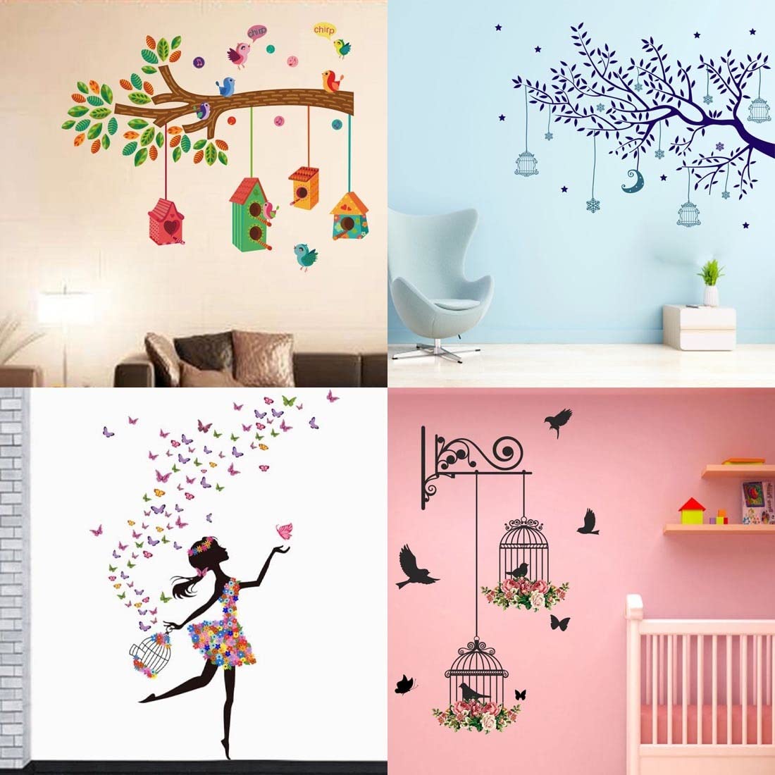 MERICALBird House Branch, Blue Tree Moon, Dreamy Girl, Branches and Cages Wall Stickers for Living Room, Hall, Wall Dcor (Material: PVC Vinyl)