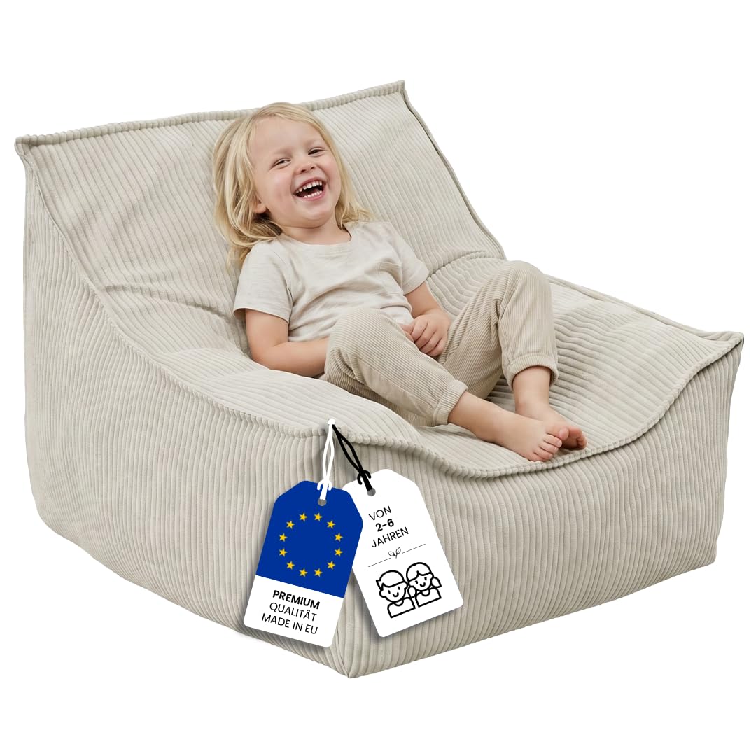 Bellabino Cleo Kindersitzsack – Sitzsack für Kinder aus Cord mit Füllung – Kindersessel Beige 50x75x60 cm (HxTxB)