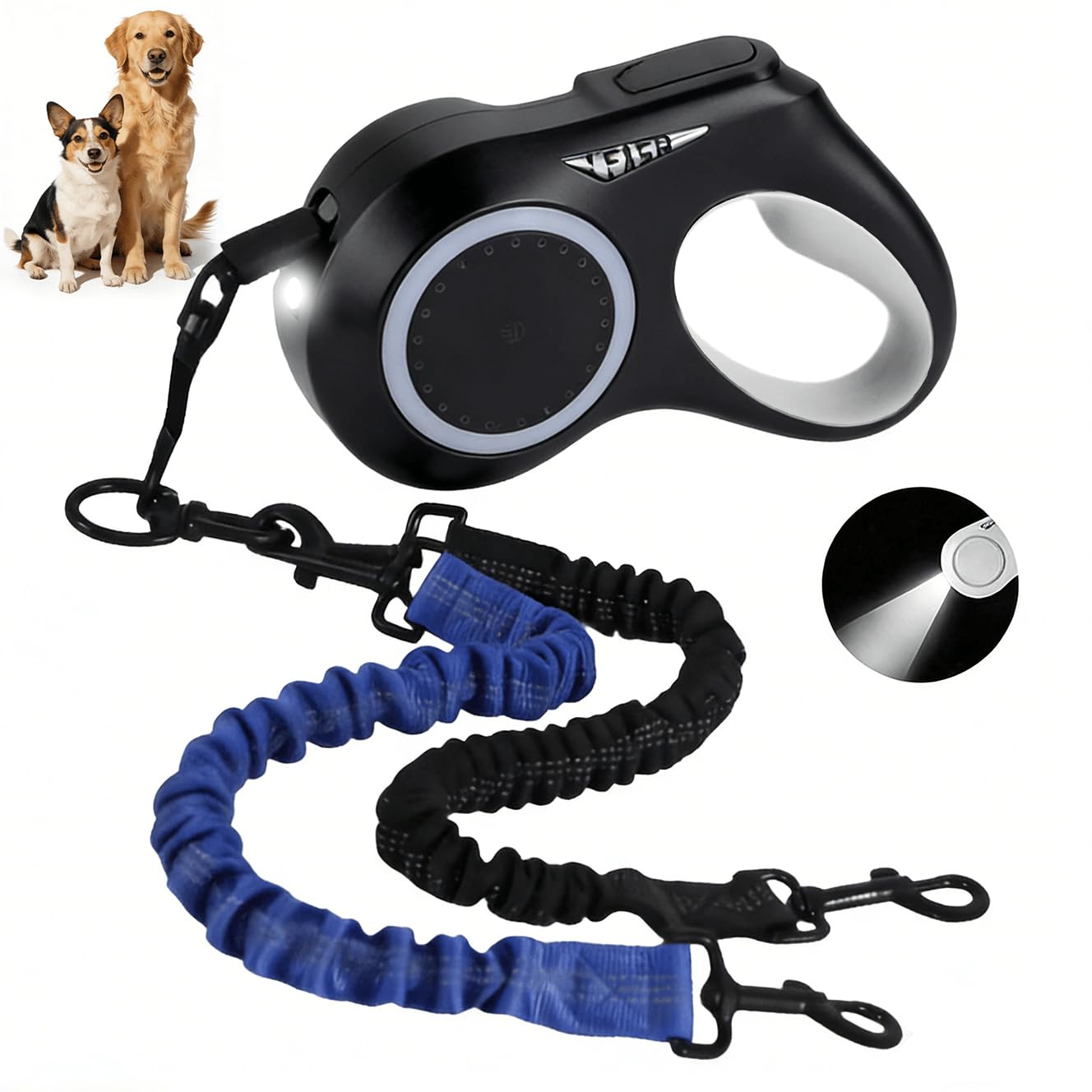 Photo 1 of 16.4ft Dual Retractable Dog Leash for Medium Dogs 35–55 lbs, USB Rechargeable LED Light, 360° Tangle-Free, Detachable Front Lead & Emergency Ready, Reflective Elastic(Black)