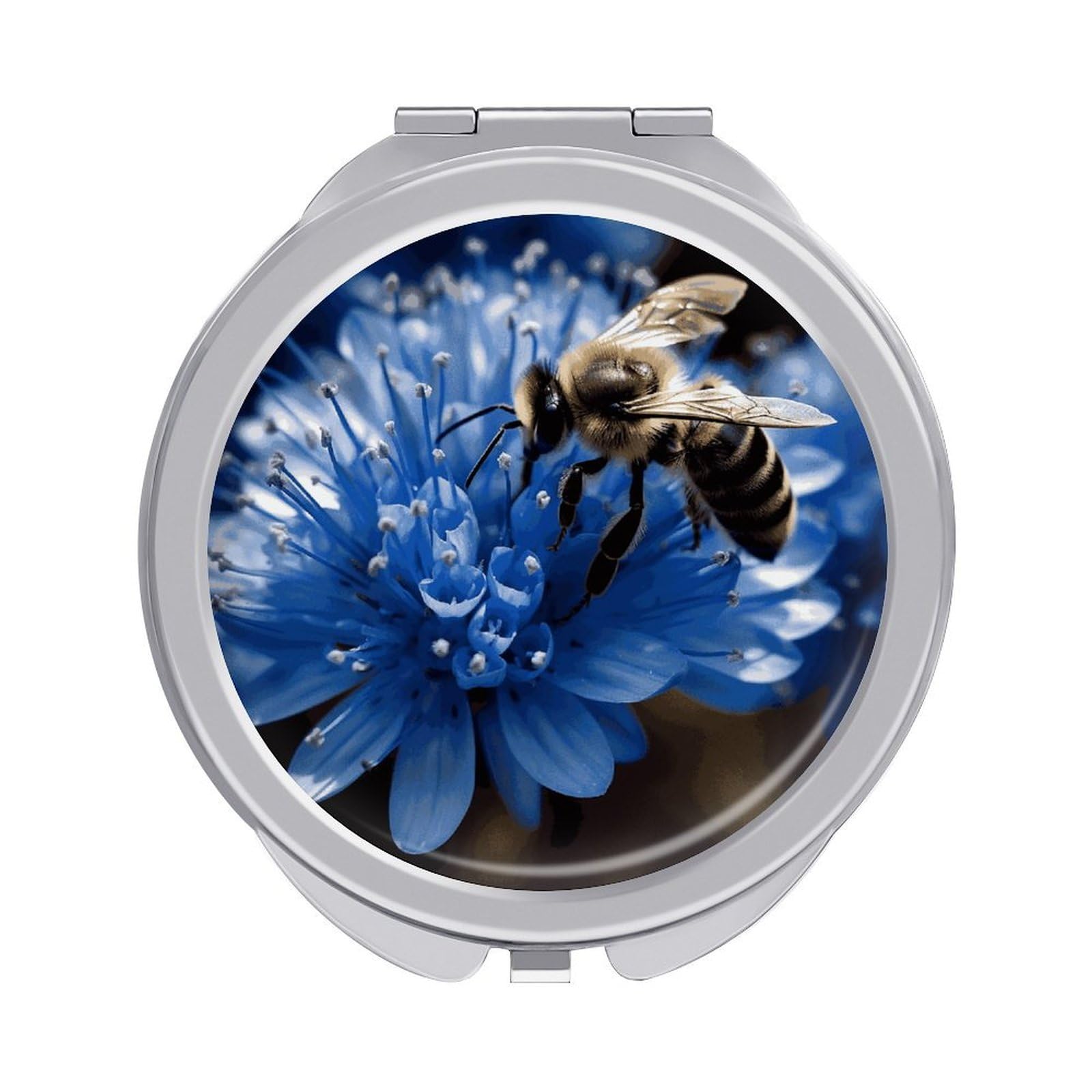 JTREHY Blue Flower Bee Makeup Mirror Silver Mirror Surface Folding Makeups Mirrors Lightweight Durable Looking Glass for Suitable Traveling Handbag and Purses