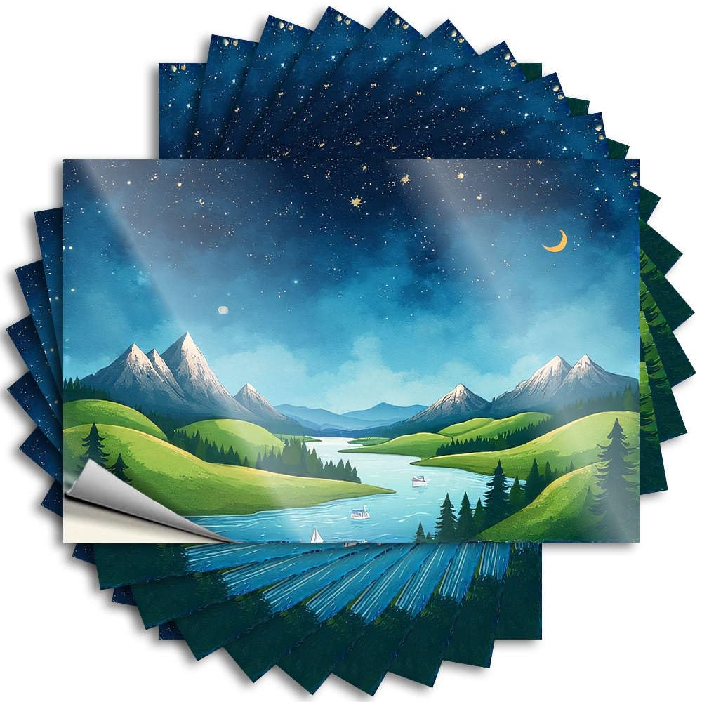 Fzfn Colour Decal - Fluffy Bottle A Serene Night Landscape With Mountains, A River, And Boats Under A Starry Sky. For Alcohol Retro Decor(8X12cm)