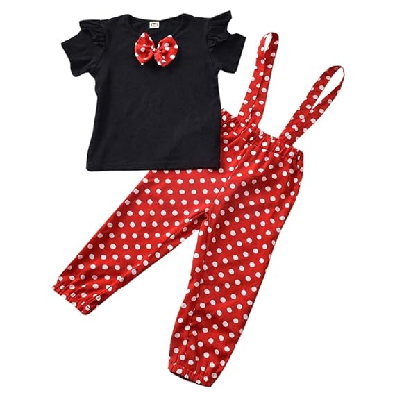 Hopscotch Girls Cotton Spandex Top with Polka Dot Jumpsuits in Black Color