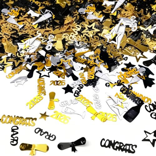 Graduation Confetti 100 Pieces with Cap Champagne Congrats Designs Gold Black Silver Party Decorations for Grad Celebration