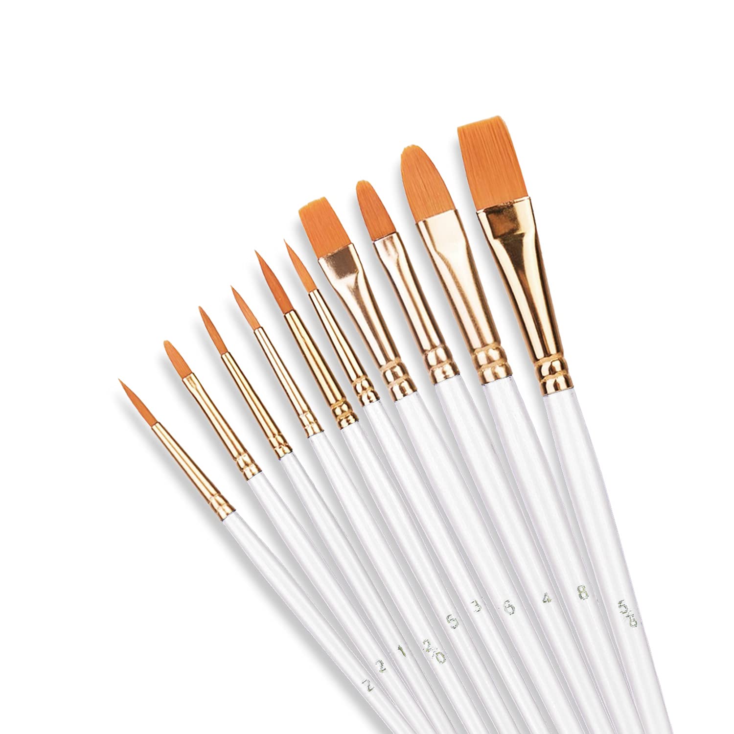 SHW Art Essentials 10 Pcs Paint Brushes Set,10 Sizes Nylon Hair Artist Painting Brush Kit for Acrylic, Oil Watercolor, Face Nail Body Art, Miniature Detailing & Rock Painting, (White)