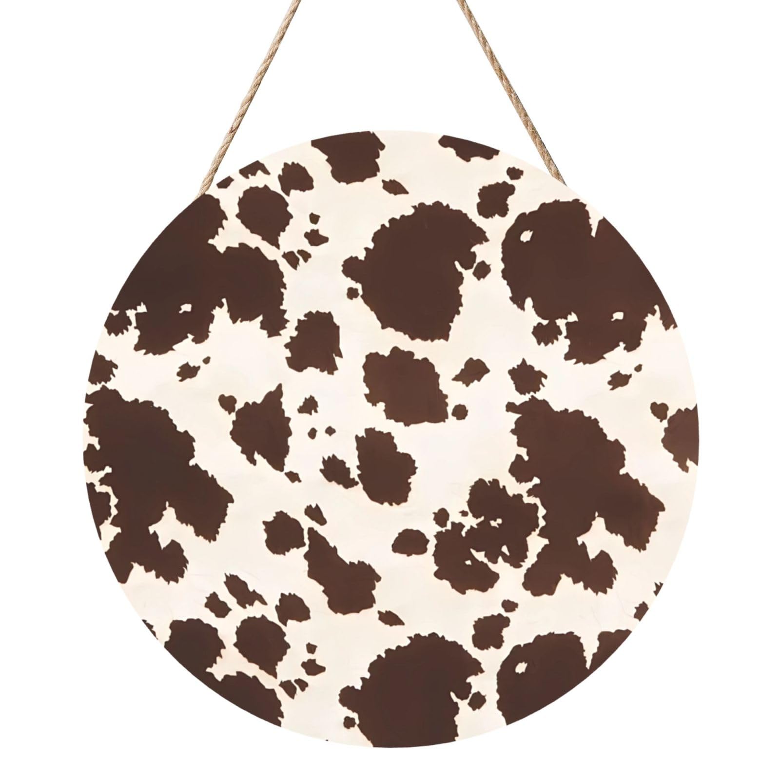 InOmak Brown Cow Spots, Round Wood Panel Painting 12 in, Wall Hanging Painting For Home