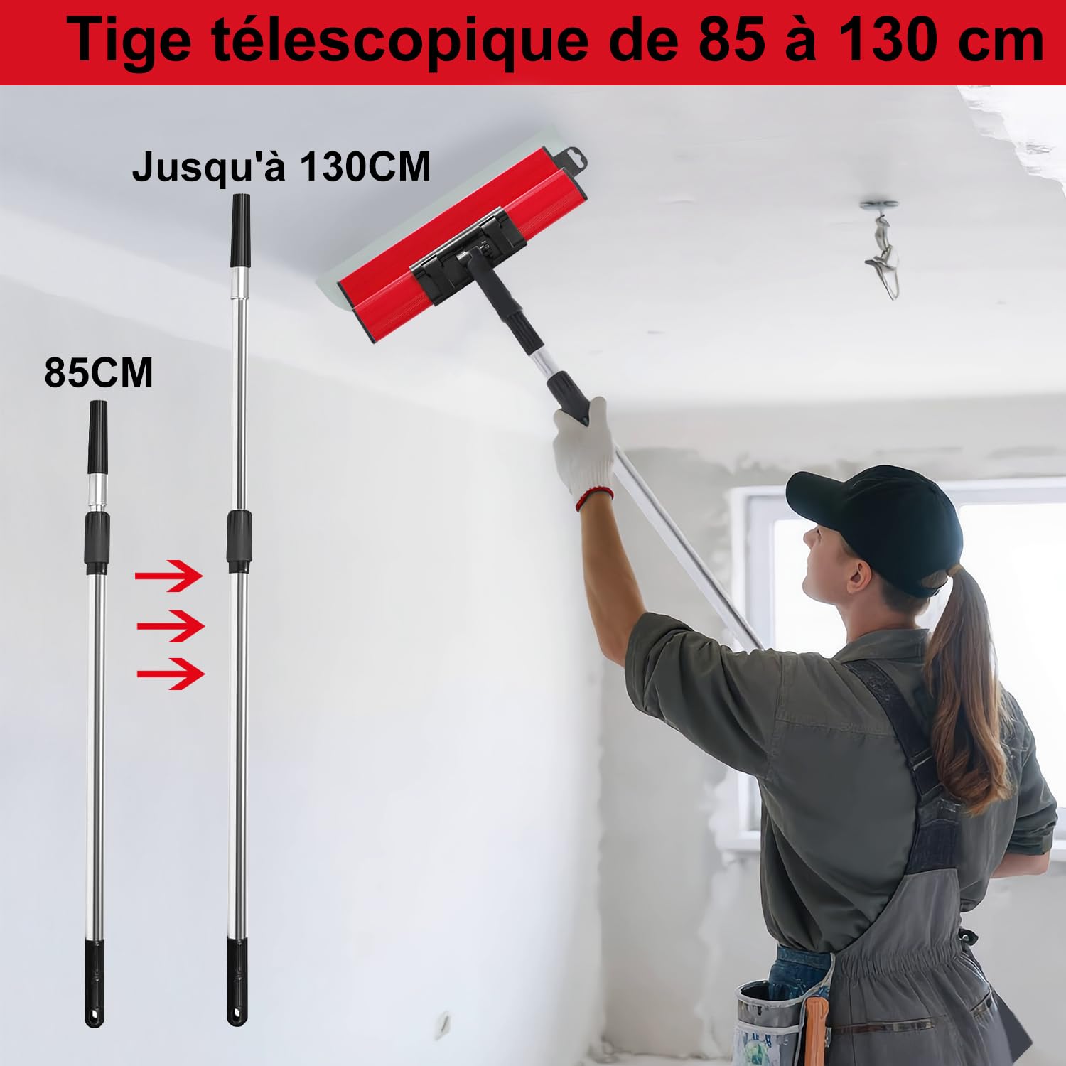 Spatule Enduit Lissage Set, 5 Outils de Spatule (15cm, 25cm, 40cm, 60cm, 80cm) pour les cloisons sèches,à main tige télescopique 85 à 130 cm，2 grattoirs à main et Avec boîte - 3